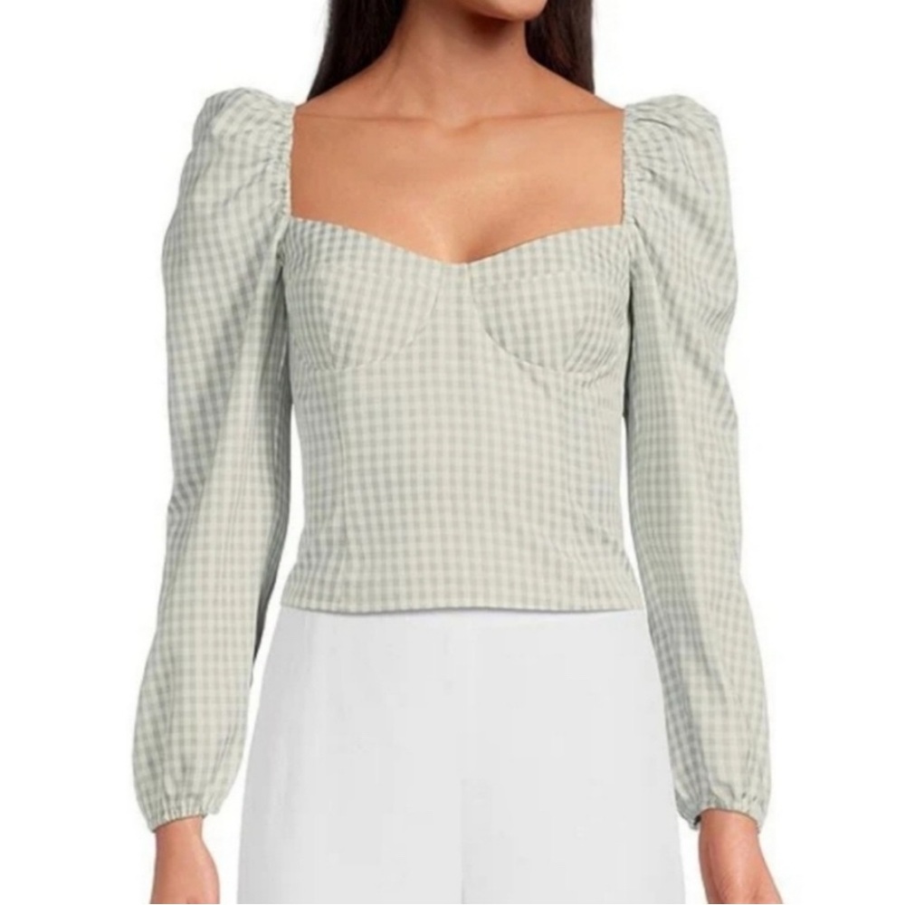 Gianni Bini Kelsi Light Green Gingham Blouse Top 12 NWT
